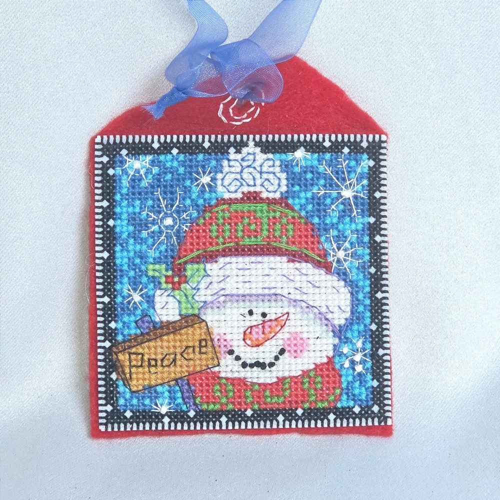 Handmade Cross Stitch Snowman Peace Ornament Red Felt Backing Blue Ribbon 3in